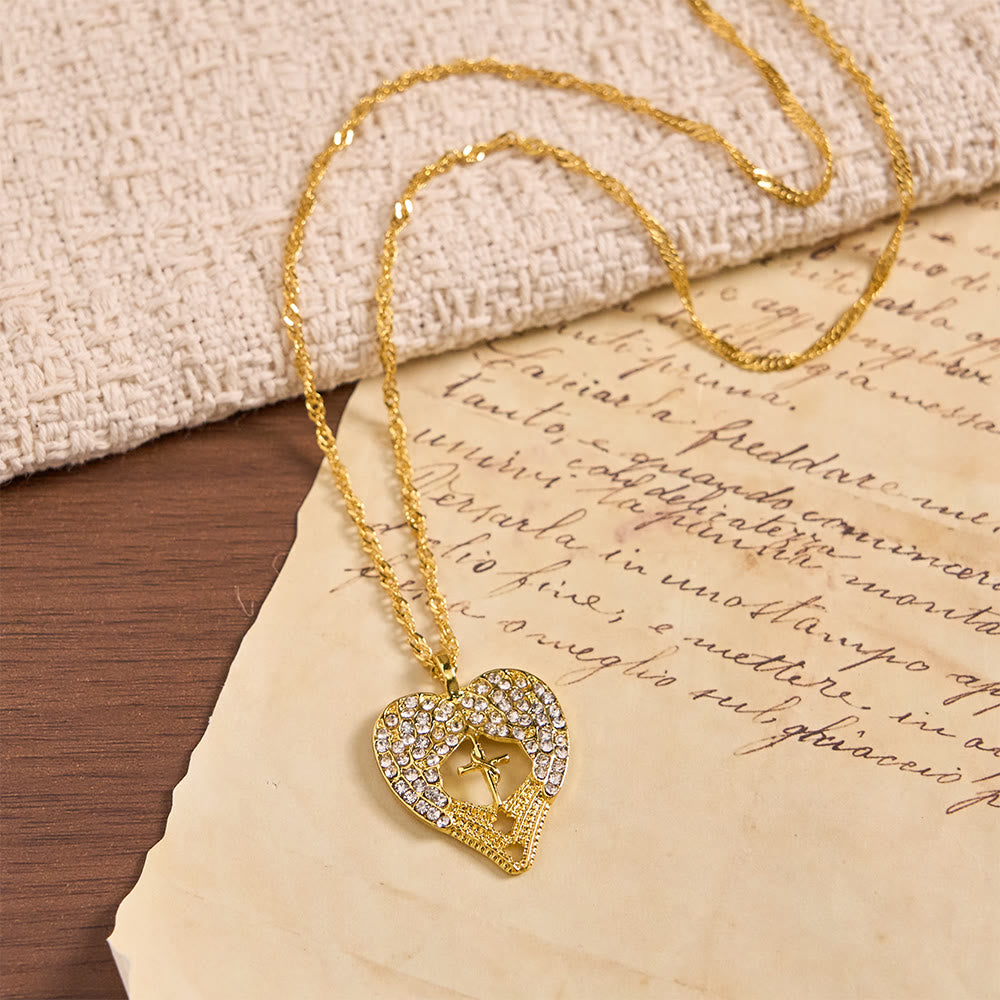 Christianartworkshop Zircon-Encrusted Heart Cross Necklace with Angel Wings: A Symbol of Divine Love & Grace - image 2
