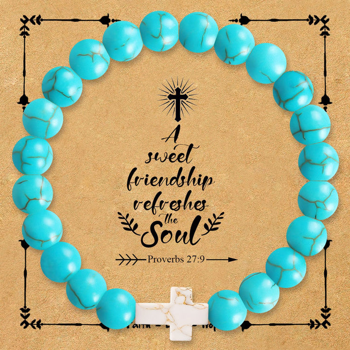 Christianartworkshop Natural Stone Cross Bracelet with Proverbs 27:9 Card: A Symbol of Divine Friendship & Grace - Turquoise - image 15