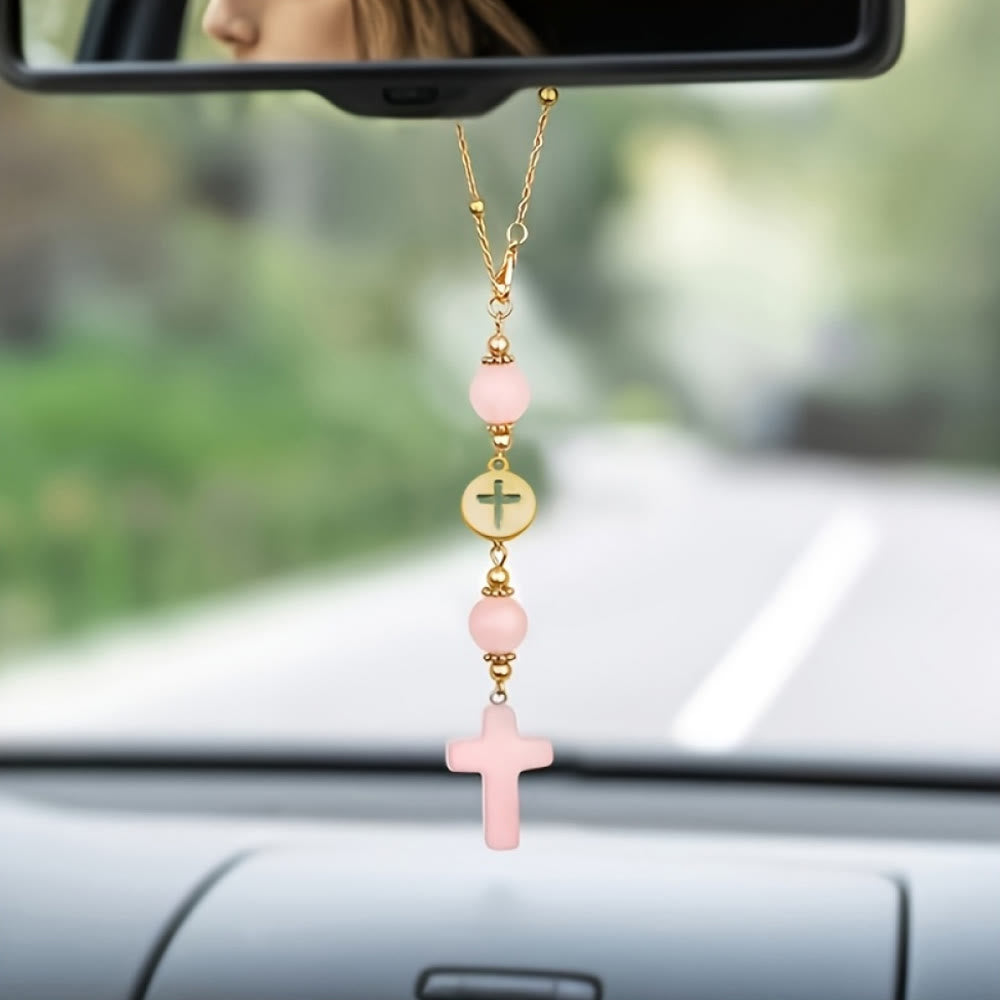 Christianartworkshop Natural Crystal Cross Car Pendant with Gold Bead Chain: A Sacred Accompaniment for Every Drive - Pink Crystal - image 2