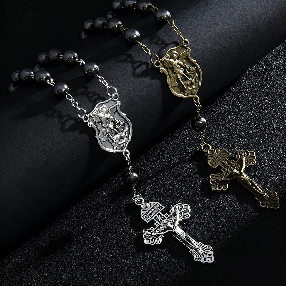 Christianartworkshop Hematite Bead Car Pendant with St. Michael Medal & Crucifix: A Gift of Heavenly Protection & Strength - Silver & Golden(2pcs) - image 1