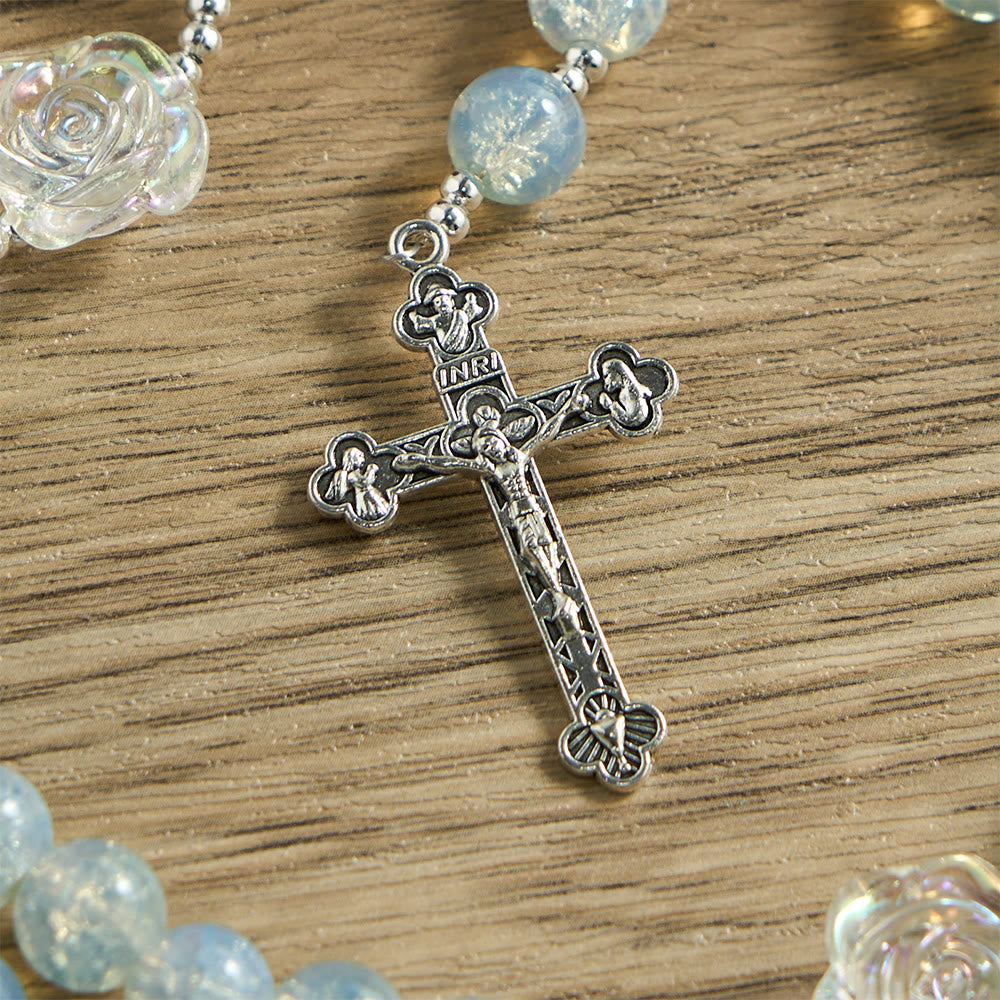 Christianartworkshop Pale Green Glass Bead Rosary with Rose Embellishments & Miraculous Medal - image 7