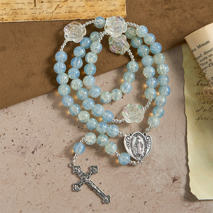 Christianartworkshop Pale Green Glass Bead Rosary with Rose Embellishments & Miraculous Medal - image 4