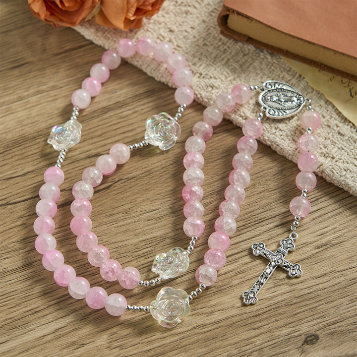 Christianartworkshop Pink Glass Bead Rosary with Rose Embellishments & Miraculous Medal - image 2