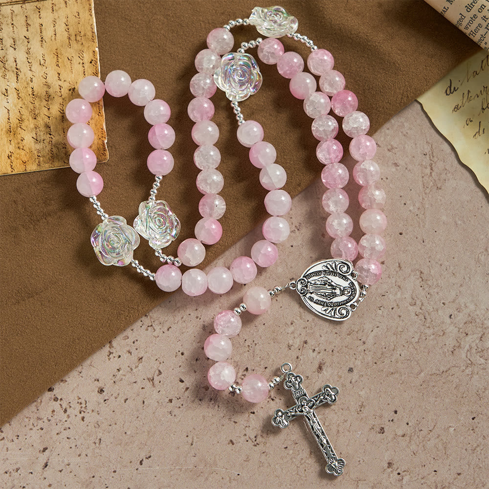 Christianartworkshop Pale Green Glass Bead Rosary with Rose Embellishments & Miraculous Medal - image 12