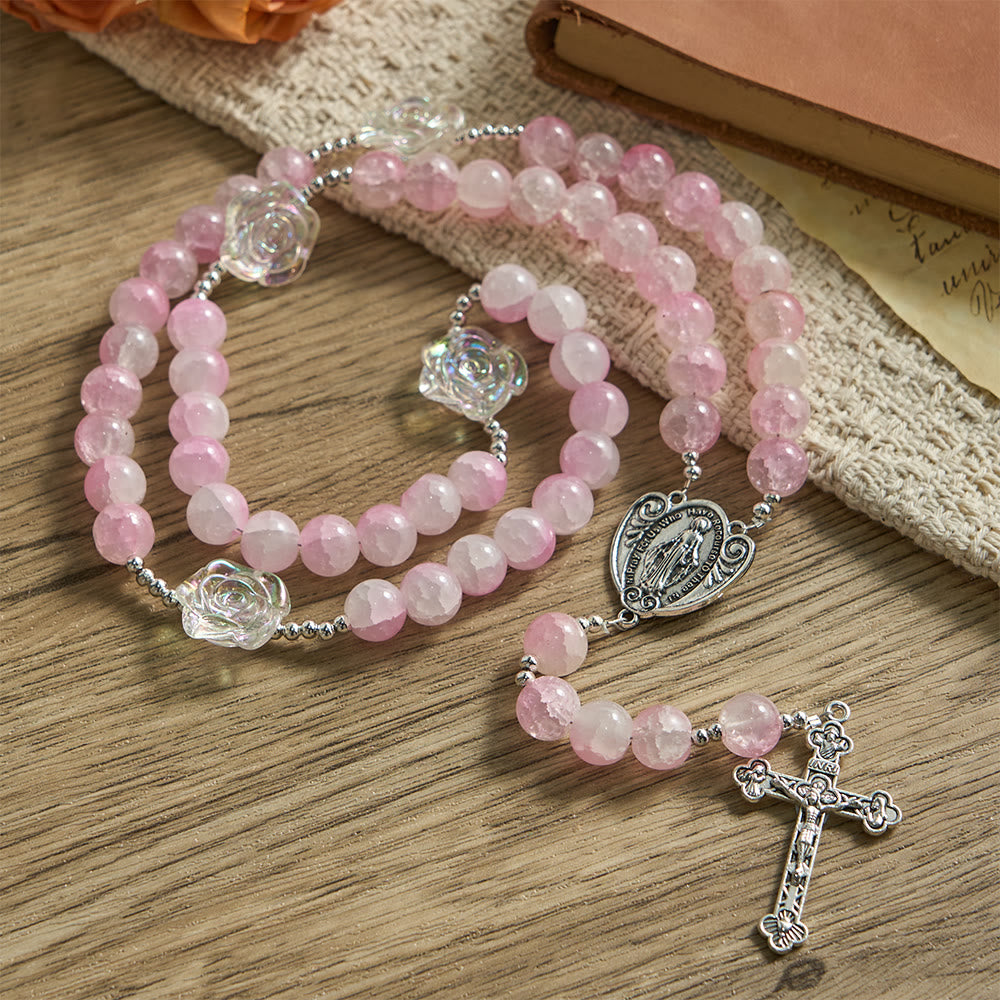 Christianartworkshop Pink Glass Bead Rosary with Rose Embellishments & Miraculous Medal - Pink - image 0