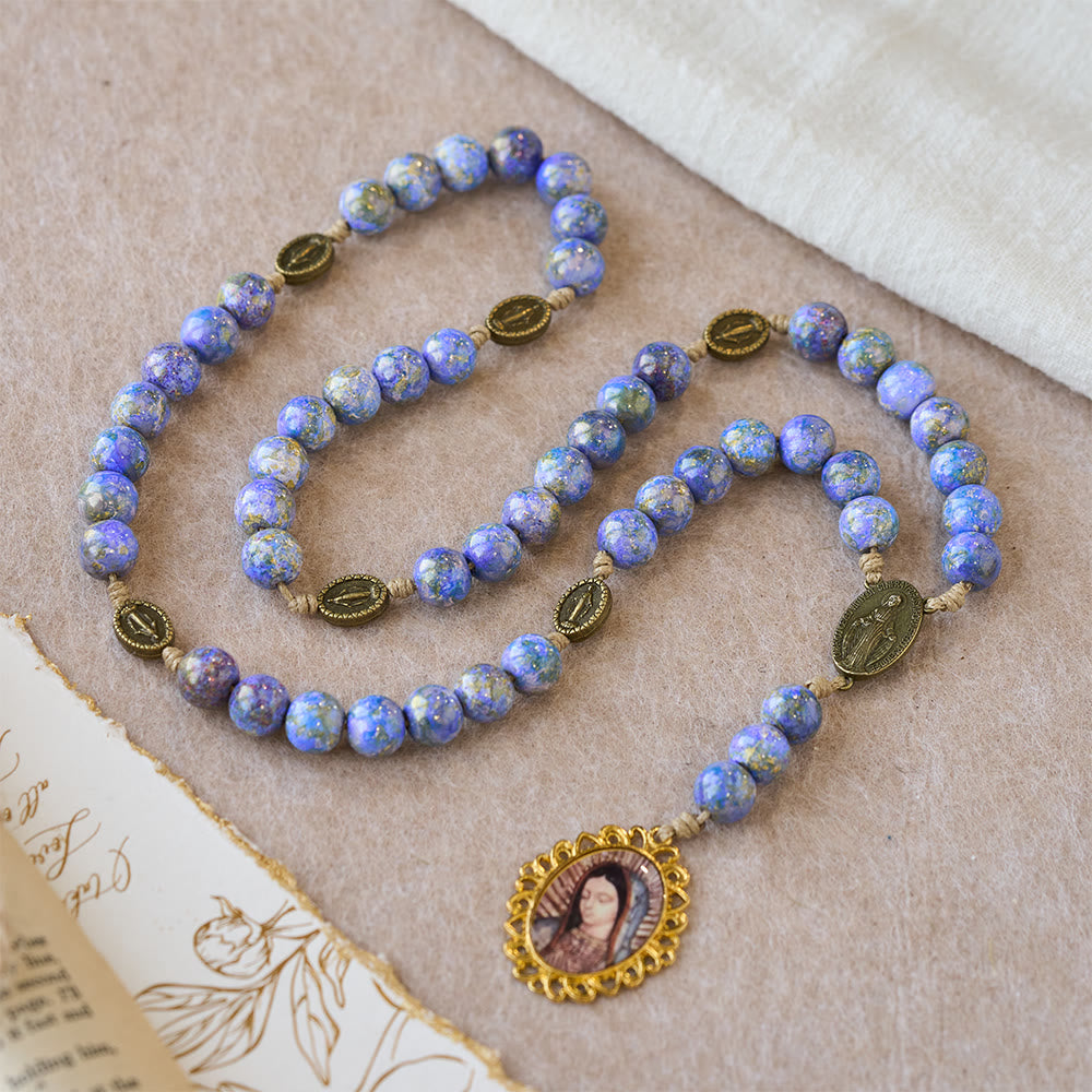 Christianartworkshop Blessed Our Lady Seven Sorrows Rosary with Purple Blue Oil-Paint Beads & Our Lady Medal - Our Lady & Crucifix - image 0