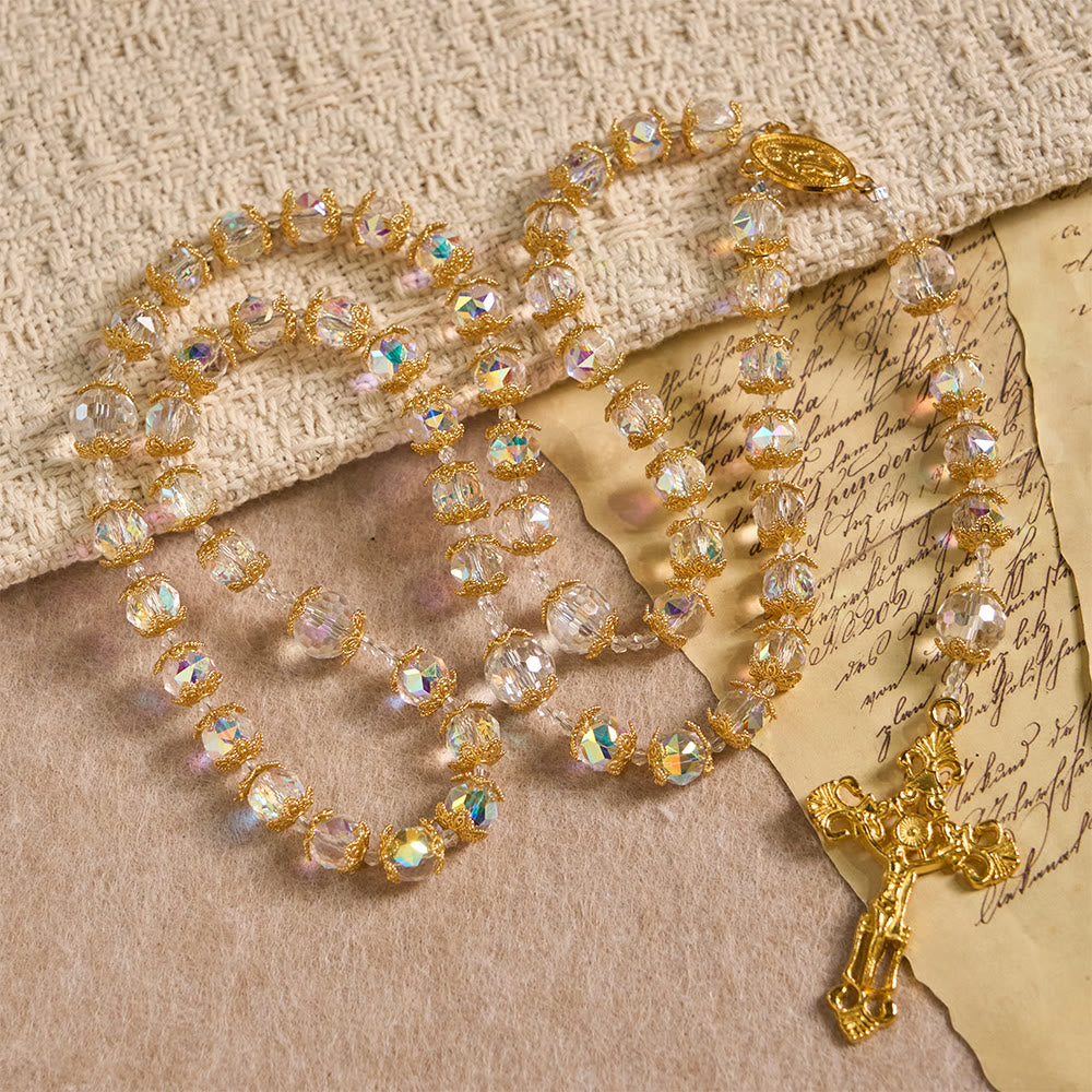 Christianartworkshop Iridescent Faceted Glass Rosary with Our Lady Medal & Golden Crucifix - image 2