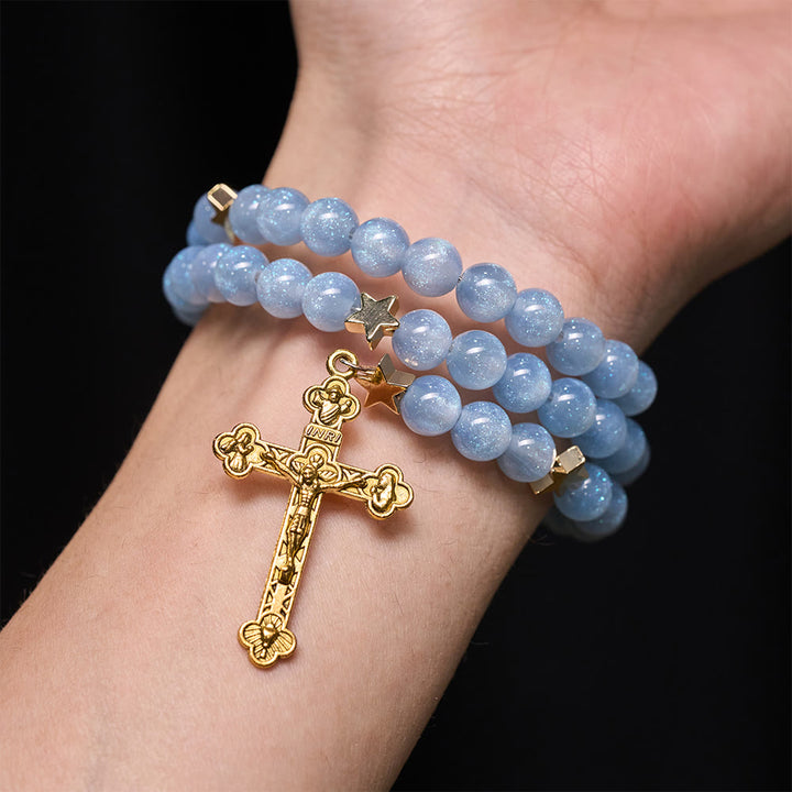 Christianartworkshop Blue Glass Bead Wrap Bracelet with Star Spacers & Golden Crucifix - image 1