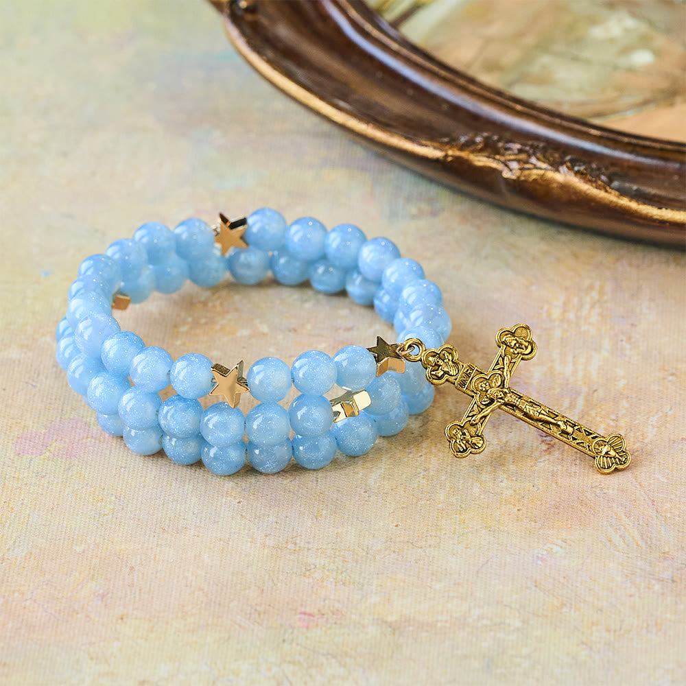 Christianartworkshop Blue Glass Bead Wrap Bracelet with Star Spacers & Golden Crucifix - Wrist Circumference: 7.08"-9.06''/18-23cm - image 0