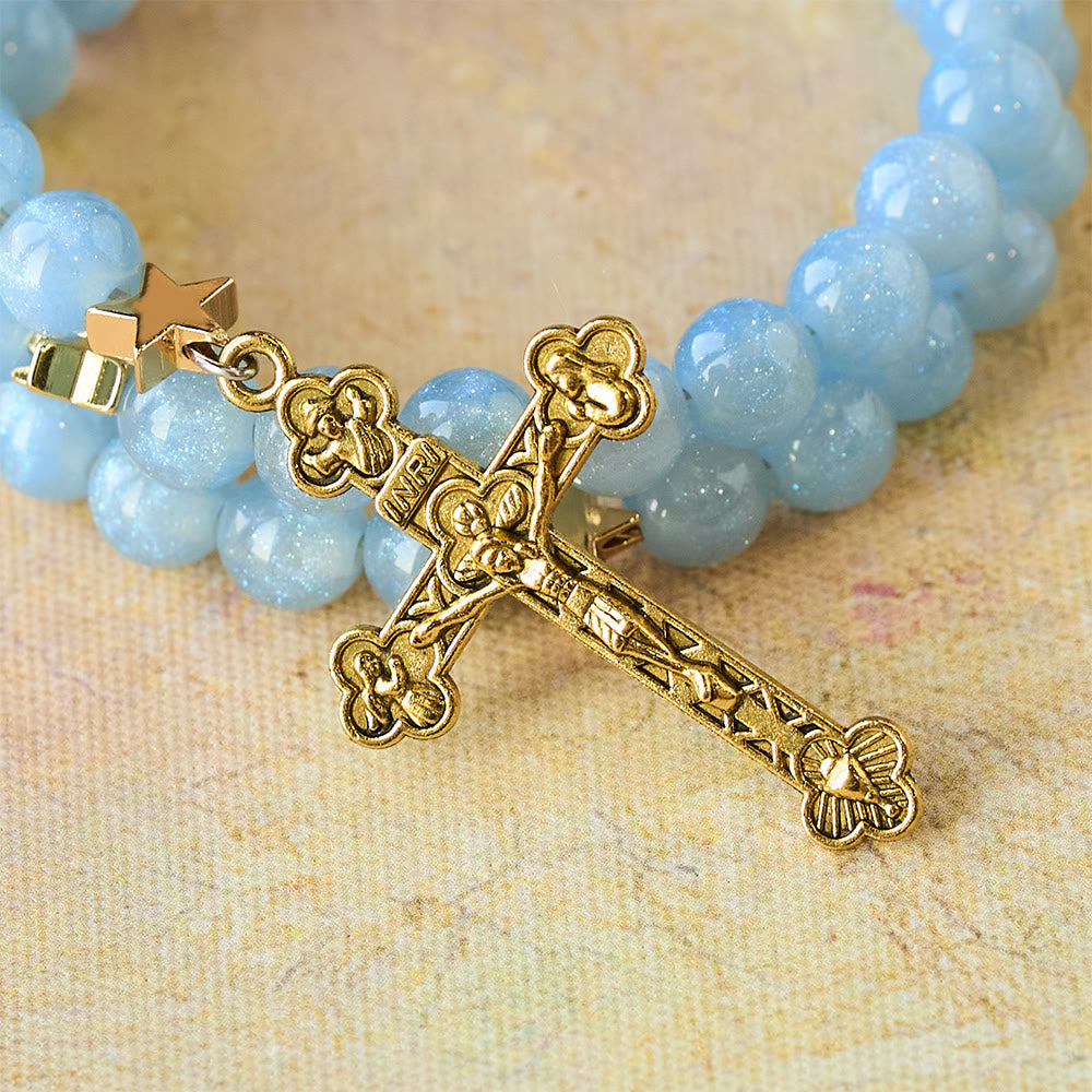 Christianartworkshop Blue Glass Bead Wrap Bracelet with Star Spacers & Golden Crucifix - image 5