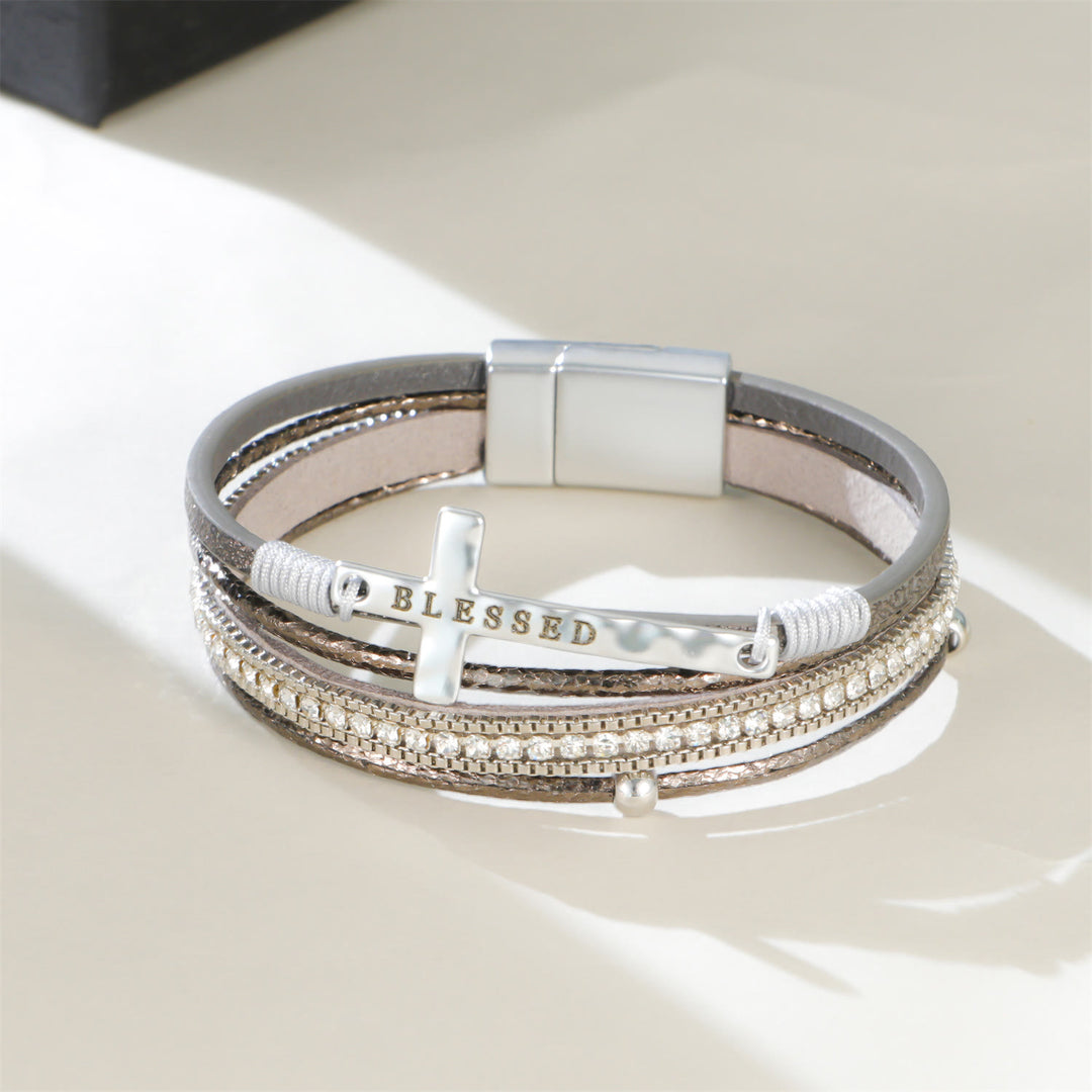 Christianartworkshop Multi-Layer BLESSED Cross Leather Bracelet with Zircon: A Symbol of Divine Grace & Spiritual Joy - image 12