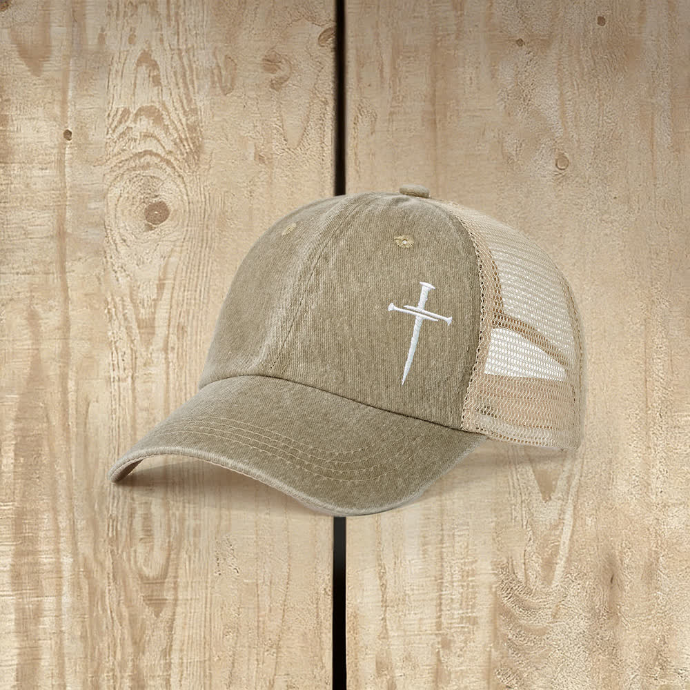Christianartworkshop Nail Cross Embroidered Washed Trucker Hat - Khaki - image 6