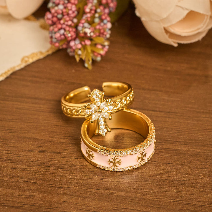 Christianartworkshop Zircon Cross Enamel Fleur-de-Lis Ring Set: Emblem of Divine Purity & Redemption - Step of 2(Suitable for US sizes 8-9) - image 0