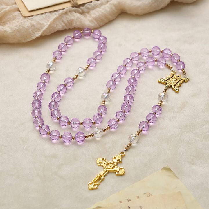 Christianartworkshop Faceted Purple Glass Rosary with Our Lady Medal: Emblem of Divine Light & Marian Grace - image 3