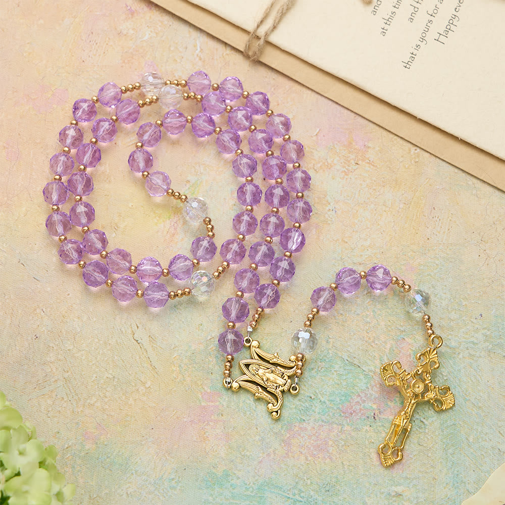 Christianartworkshop Faceted Purple Glass Rosary with Our Lady Medal: Emblem of Divine Light & Marian Grace - image 2