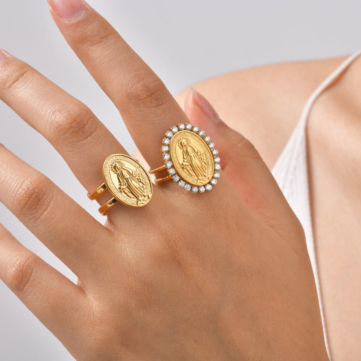 Christianartworkshop Our Lady Miraculous Medal CZ Halo Open Adjustable Faith Ring - image 2