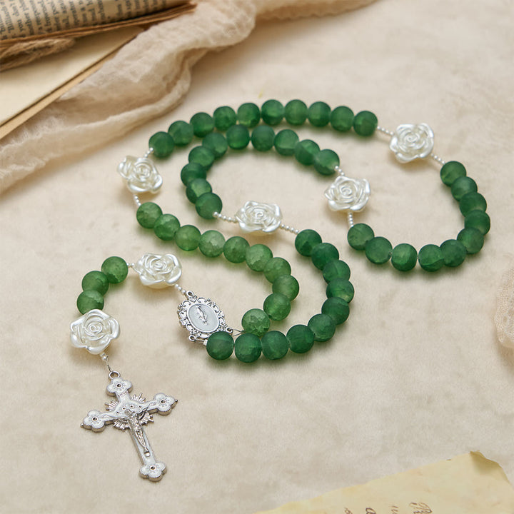 Christianartworkshop Frosted Green Glass Camellia Rosary: Emblem of Divine Purity & Marian Grace - image 3