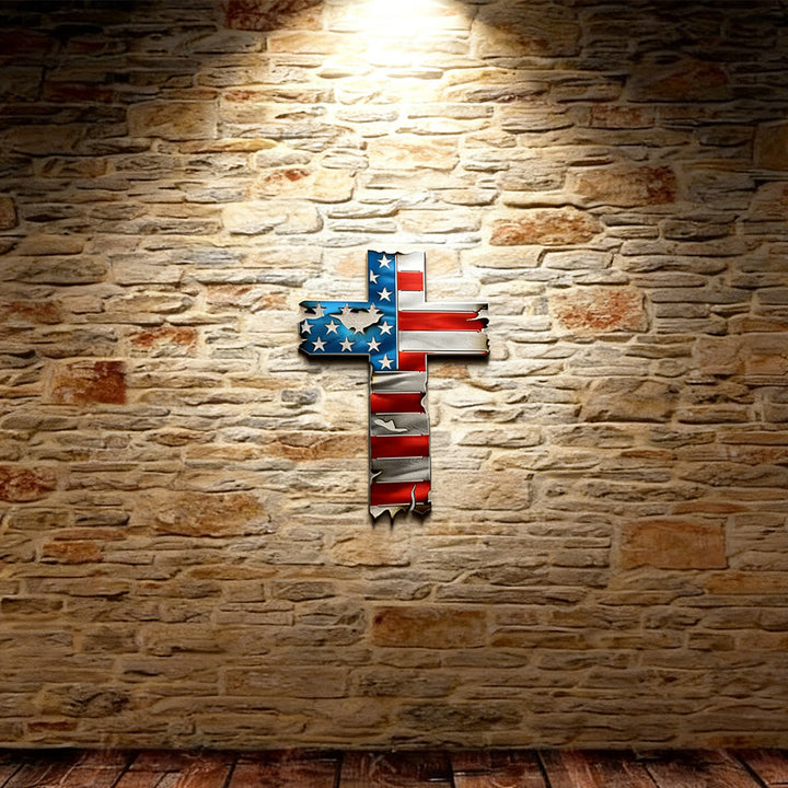 Christianartworkshop Rustic American Flag Patriotic Cross Metal Wall Decor: A Symbol Of Fearless Faith - Blue - 7.97''*11.81''/20.25*30cm - image 6