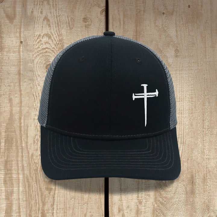 Christianartworkshop Minimalist Nail Cross Embroidered Trucker Hat - Black + Grey - image 4