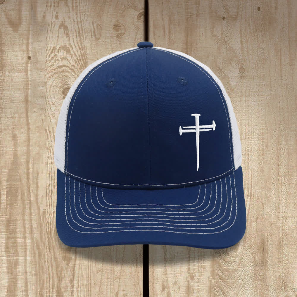 Christianartworkshop Minimalist Nail Cross Embroidered Trucker Hat - Nvay + White - image 8