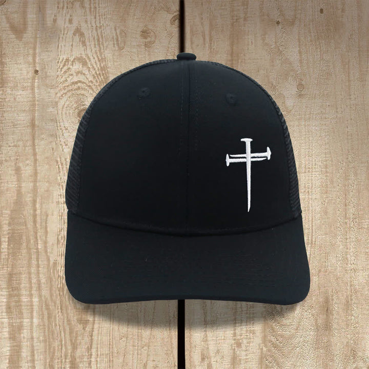 Christianartworkshop Minimalist Nail Cross Embroidered Trucker Hat - All Black - image 2