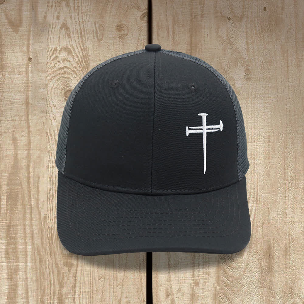 Christianartworkshop Minimalist Nail Cross Embroidered Trucker Hat - Deep Grey + Grey - image 7