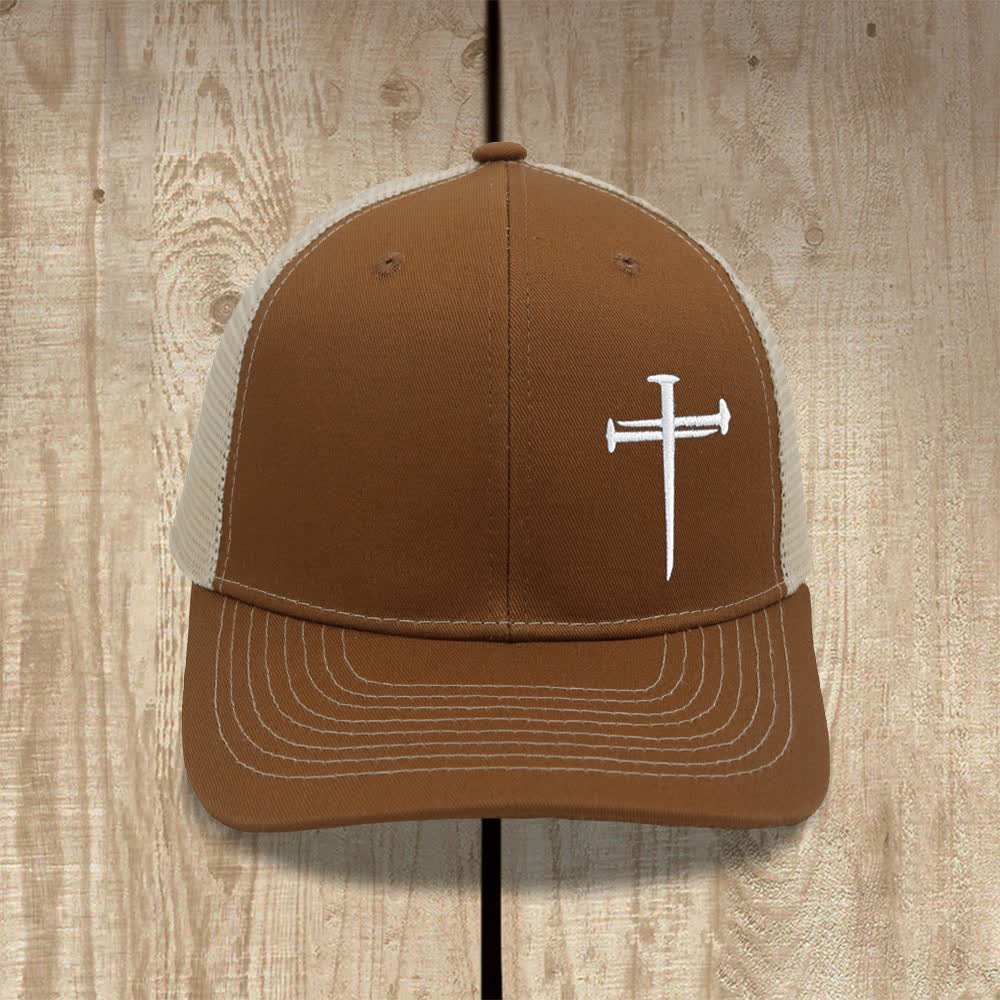 Christianartworkshop Minimalist Nail Cross Embroidered Trucker Hat - Brown + Beige - image 10