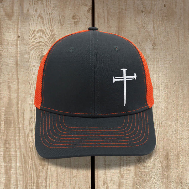 Christianartworkshop Minimalist Nail Cross Embroidered Trucker Hat - Deep Grey + Orange - image 6