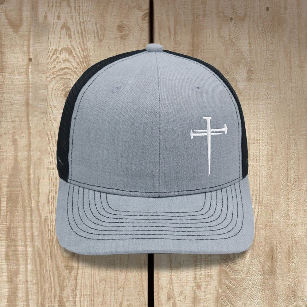 Christianartworkshop Minimalist Nail Cross Embroidered Trucker Hat - Light Grey + Black - image 0