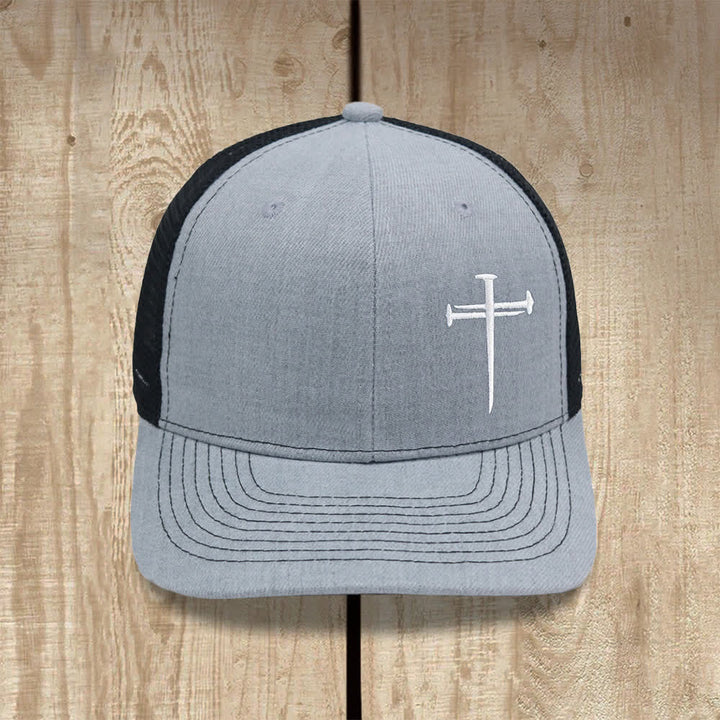 Christianartworkshop Minimalist Nail Cross Embroidered Trucker Hat - Light Grey + Black - image 0
