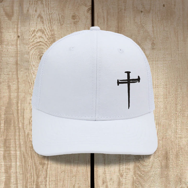 Christianartworkshop Minimalist Nail Cross Embroidered Trucker Hat - All White - image 1