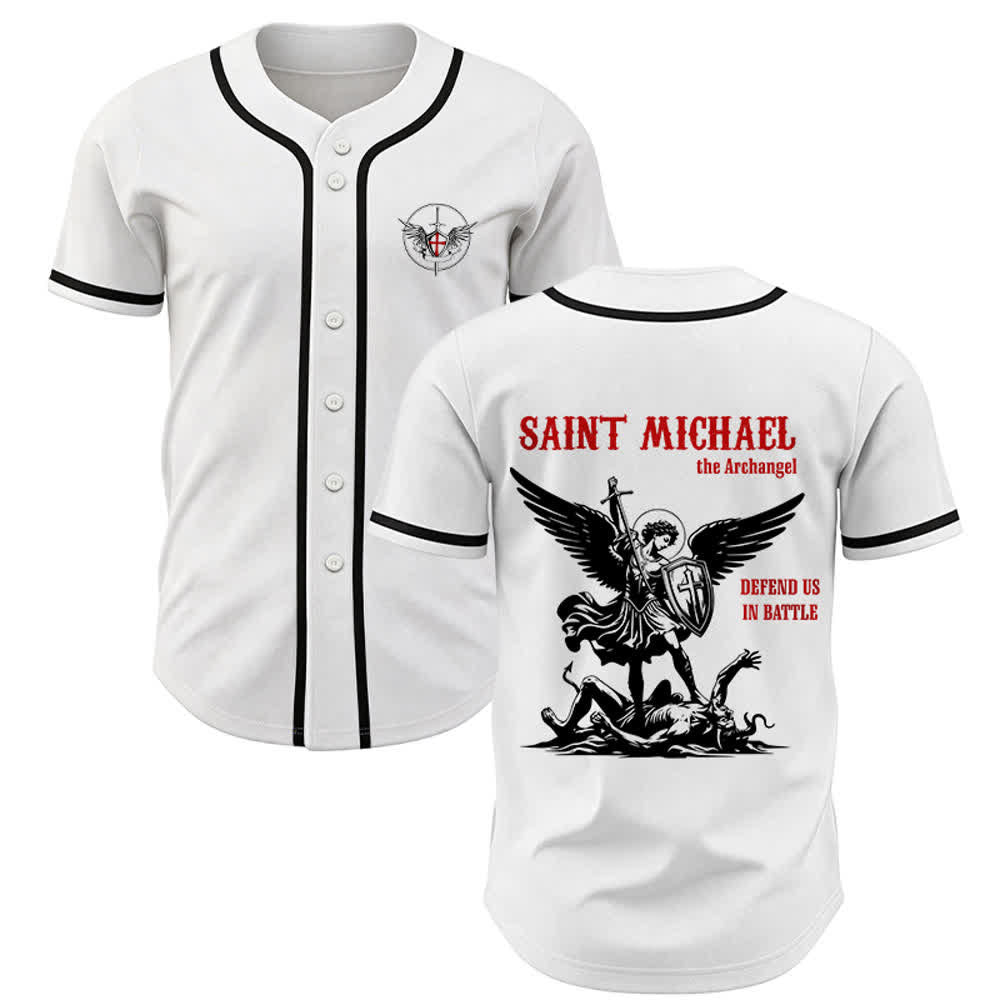 Christianartworkshop St.Michael Archangel Defend Us Unisex Baseball Jersey - White - 5XL - image 0