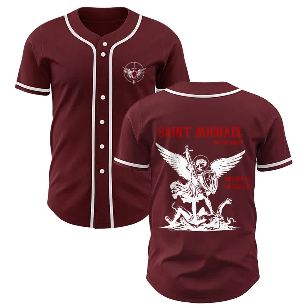 Christianartworkshop St.Michael Archangel Defend Us Unisex Baseball Jersey - Wine - 5XL - image 13