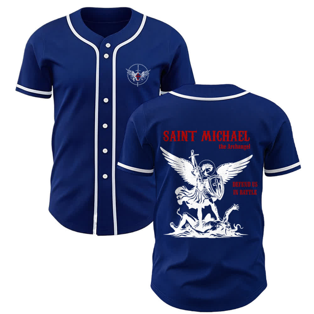 Christianartworkshop St.Michael Archangel Defend Us Unisex Baseball Jersey - Navy Blue - 5XL - image 19