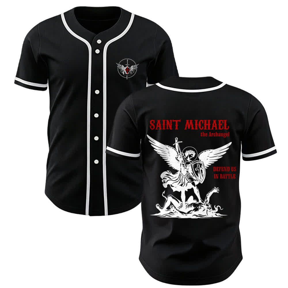 Christianartworkshop St.Michael Archangel Defend Us Unisex Baseball Jersey - Black - 5XL - image 7