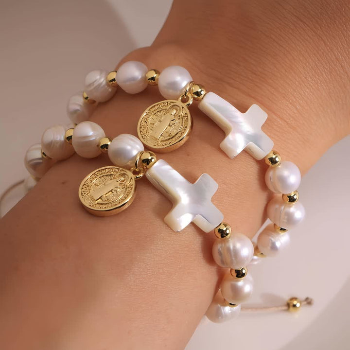 Christianartworkshop Elegant Saint Benedict Medal Adjustable Glass Bracelet: Spiritual Blessing Jewelry - St. Benedict - image 0