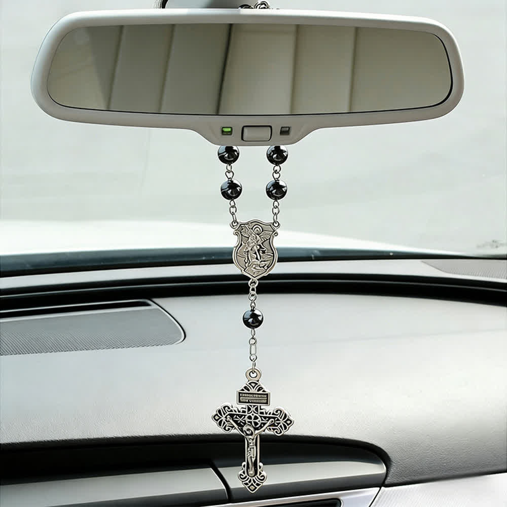 Christianartworkshop Hematite Bead Car Pendant with St. Michael Medal & Crucifix: A Gift of Heavenly Protection & Strength - image 4