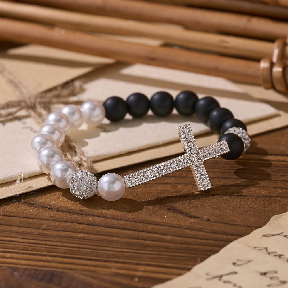 Christianartworkshop Two-Piece White Bead & Black Mate Bead Cross Bracelet Set: Emblem of Divine Purity & Redemption - image 1