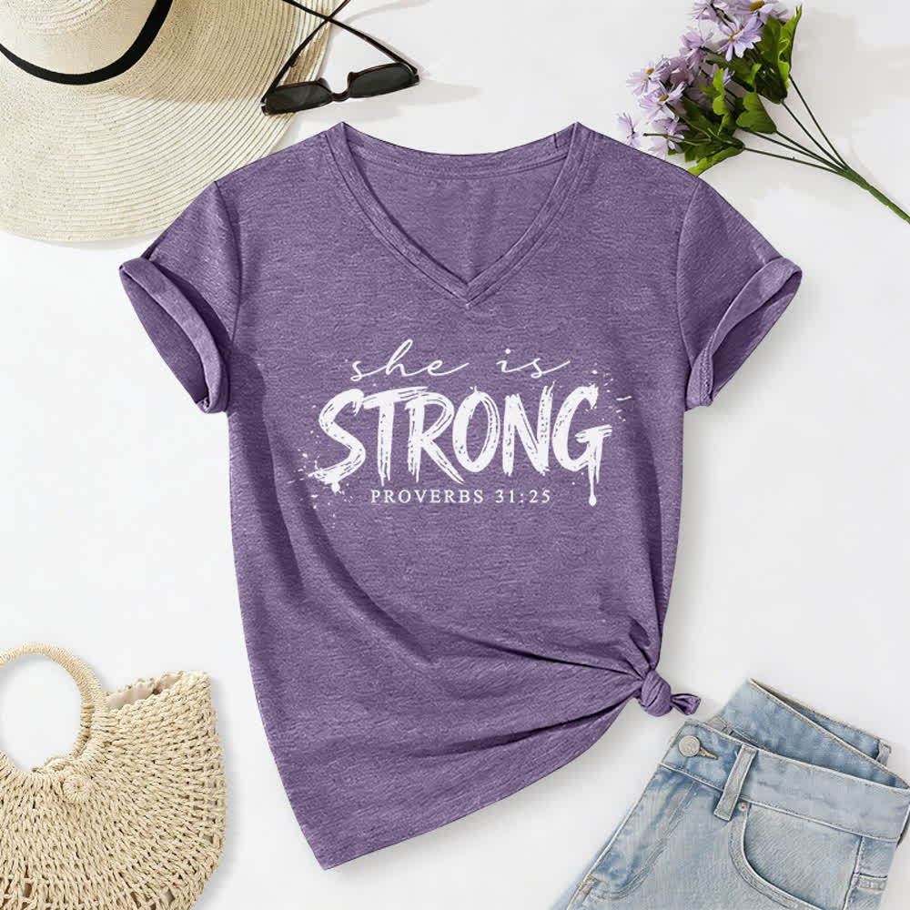 Christianartworkshop She Is Strong Proverbs 31:25 Casual V-neck T-shirt - image 17
