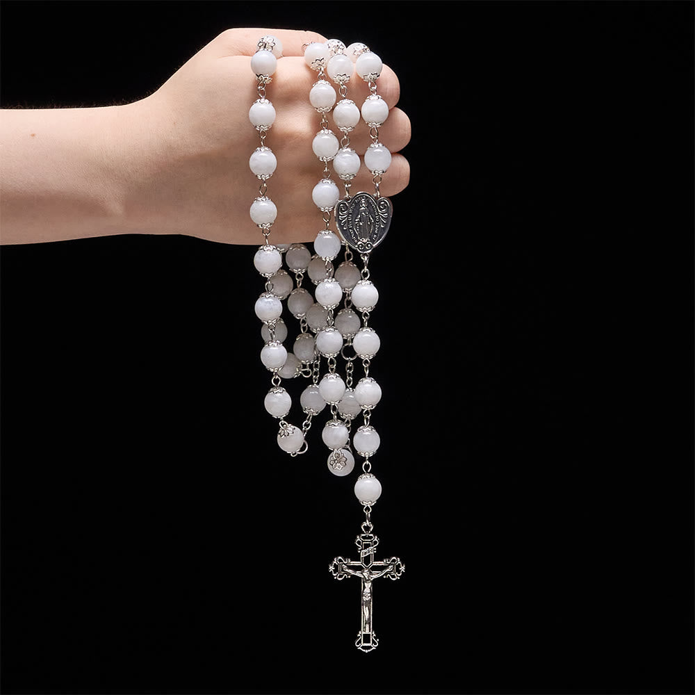 Christianartworkshop Marian Grace Moonstone Rosary: Silver-Toned Crucifix for Sacred Devotion - image 1