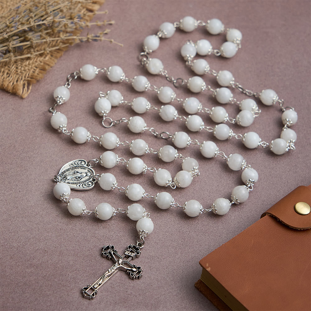 Christianartworkshop Marian Grace Moonstone Rosary: Silver-Toned Crucifix for Sacred Devotion - Moonstone Rosary - image 0