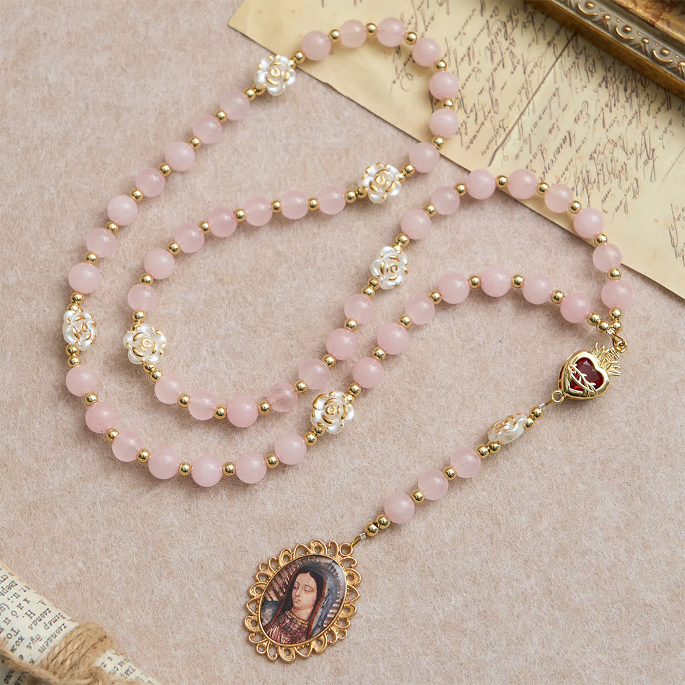 Christianartworkshop Rose Quartz Seven Sorrow Rosary with Sacred Heart: Emblem of Marian Compassion - image 2
