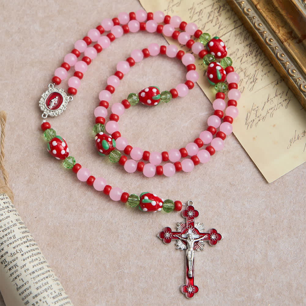 Christianartworkshop Sweet Strawberry Devotion Rosary with Pink Glass Beads & Our Lady Accents - Strawberry Rosary - image 0