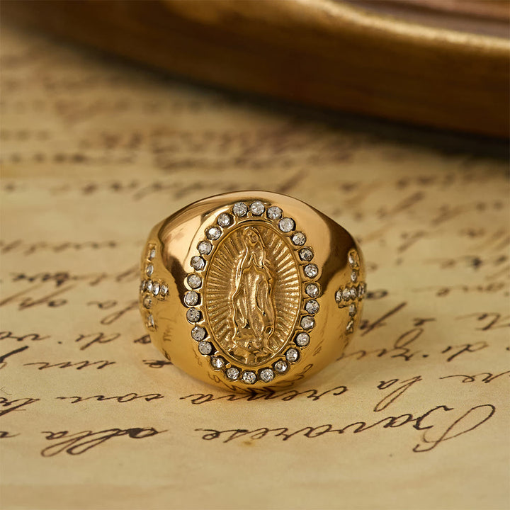 Christianartworkshop Bold Our Lady Cross Signet Ring: Anchor Your Heart in Marian Faith - Golden - US 13 - image 1