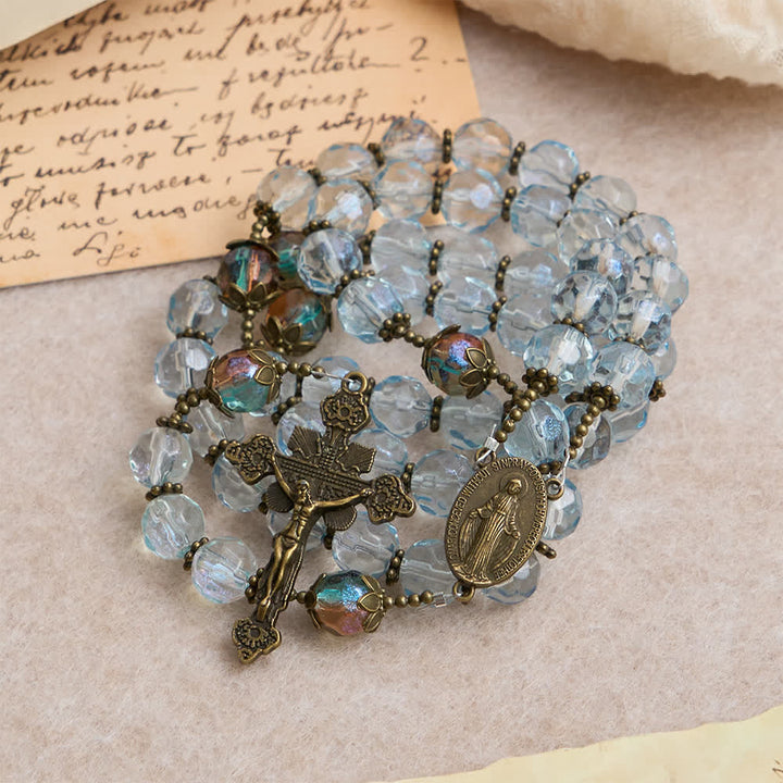 Christianartworkshop Antique Bronze Our Lady Heirloom Rosary with Iridescent Blue Glass - image 2