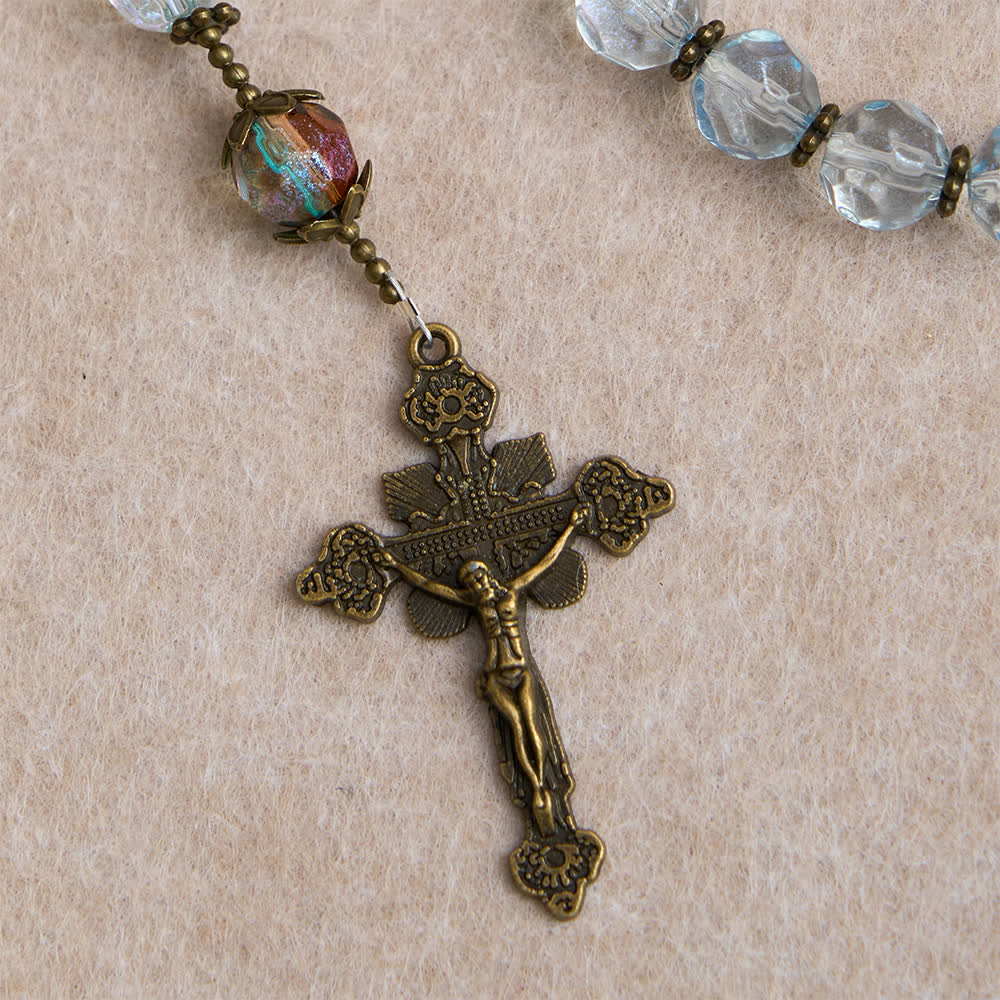 Christianartworkshop Antique Bronze Our Lady Heirloom Rosary with Iridescent Blue Glass - image 7