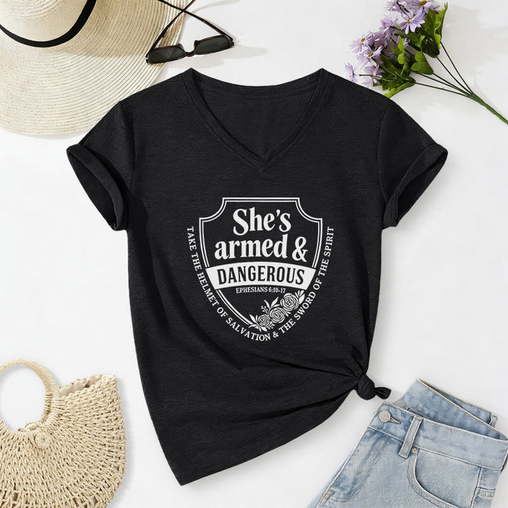 Christianartworkshop She's Armed & Dangerous Casual V-neck T-shirt - Black - 2XL - image 14
