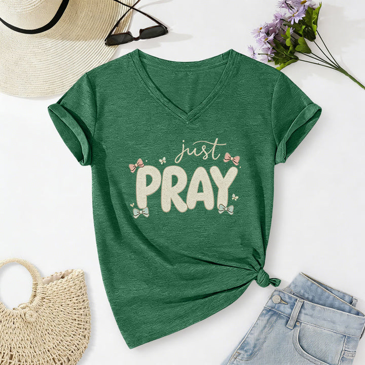 Christianartworkshop Just PRAY Casual V-neck T-shirt - Dark Green - 2XL - image 16