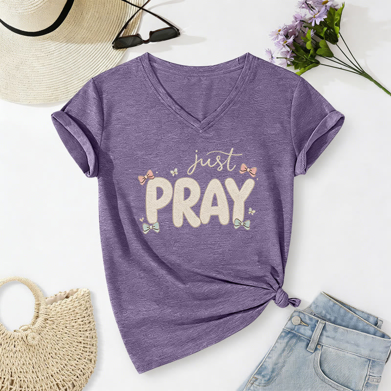Christianartworkshop Just PRAY Casual V-neck T-shirt - Purple - 2XL - image 18