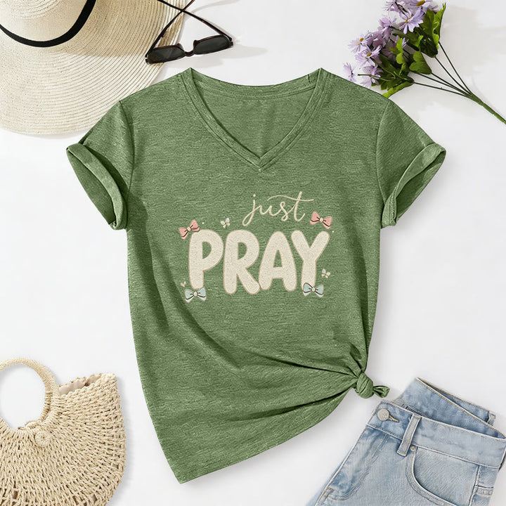 Christianartworkshop Just PRAY Casual V-neck T-shirt - Olive Green - 2XL - image 2